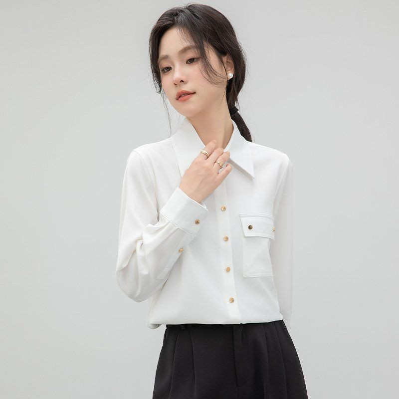 봄 가을 여성 카라 포켓 단추 블라우스 긴팔 셔츠 슬림핏 폴리 데일리 오피스룩 화이트 - 상세 이미지 2