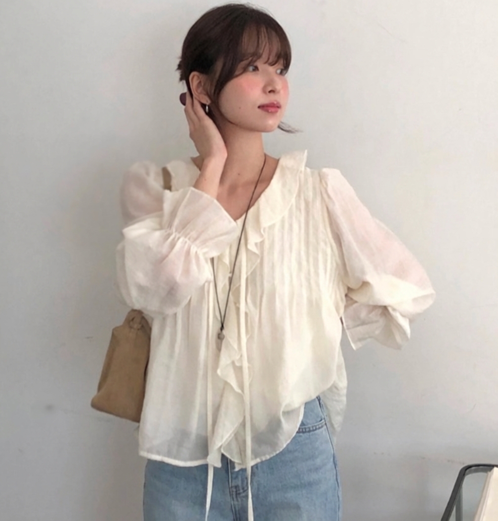 에튼 프릴블라우스 셔링블라우스 레이스 리본 오버핏 면접 러플 시스루 레이어드 셔츠 - 상세 이미지 5