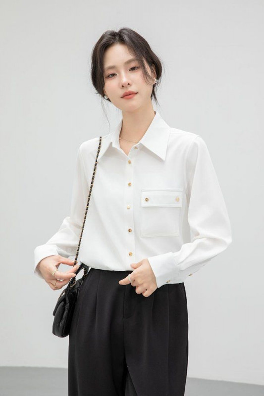 봄 가을 여성 카라 포켓 단추 블라우스 긴팔 셔츠 슬림핏 폴리 데일리 오피스룩 화이트 이미지 6