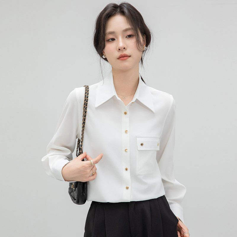 봄 가을 여성 카라 포켓 단추 블라우스 긴팔 셔츠 슬림핏 폴리 데일리 오피스룩 화이트 - 상세 이미지 5