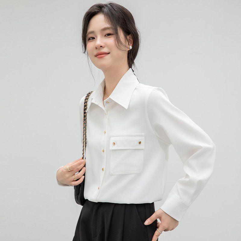 봄 가을 여성 카라 포켓 단추 블라우스 긴팔 셔츠 슬림핏 폴리 데일리 오피스룩 화이트 - 상세 이미지 3