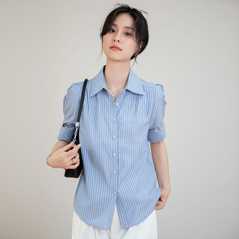 여름 여성 약간 루즈핏 얇은 스트라이프 퍼프소매 카라 셔츠 데일리 블라우스 블루 - 상세 이미지 5