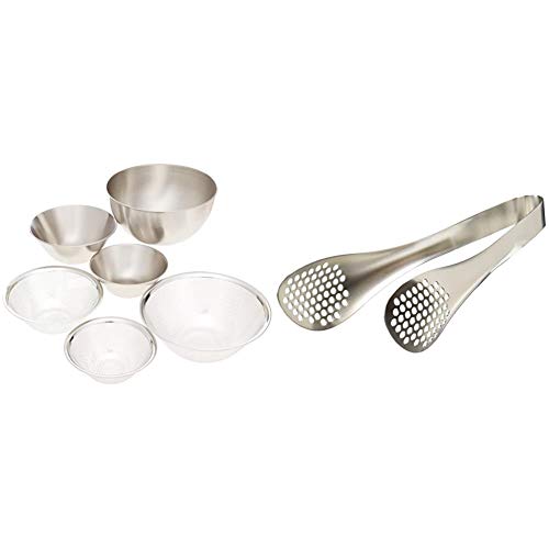 야나기소리 일본제 스테인리스 볼 타공 채반 6종 세트 (16 19 23cm) 일본제 스테인리스 구멍 집게 총길이 22cm 세트