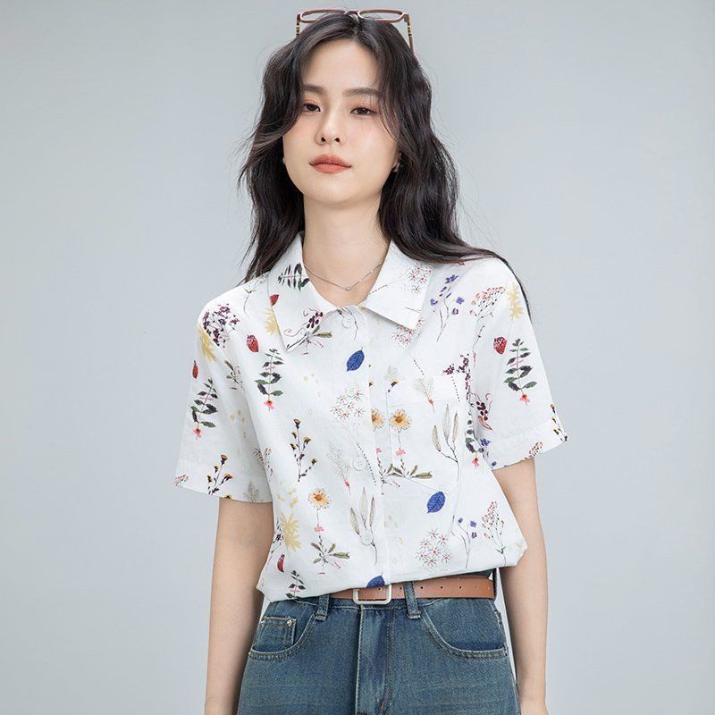 봄 여름 여성 약간 루즈핏 얇은 플라워 패턴 반팔 카라 셔츠 블라우스 데일리룩 아이보리 이미지 6