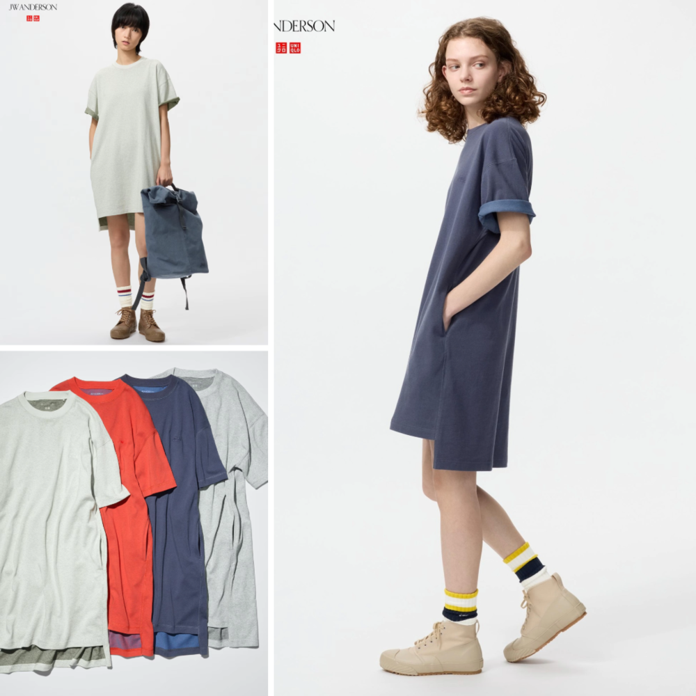 유니클로 JW앤더슨 오버사이즈 바이 컬러 T 반팔 티셔츠 원피스/ 26SS 배색 부드러운 - 상품 이미지