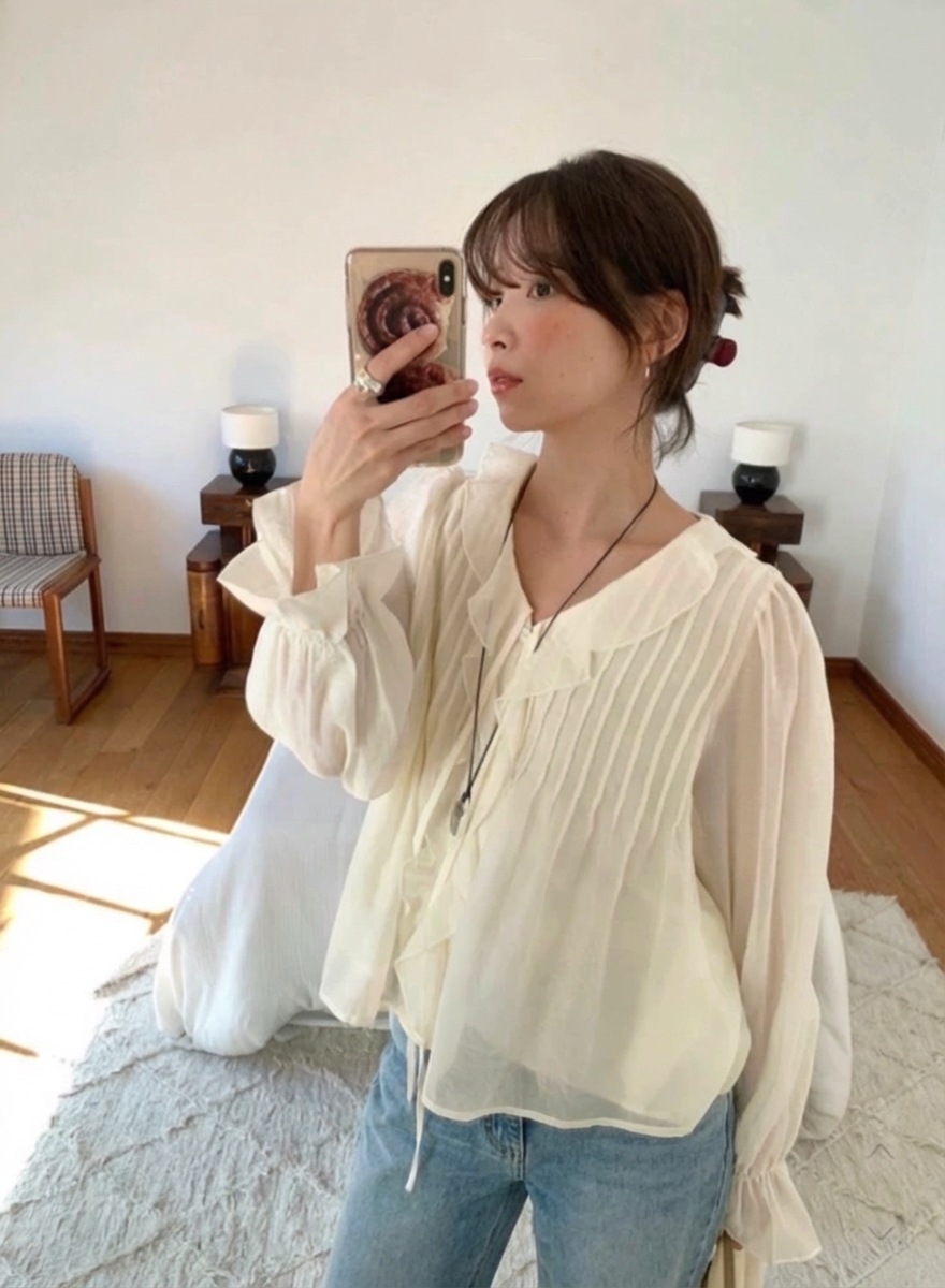 에튼 프릴블라우스 셔링블라우스 레이스 리본 오버핏 면접 러플 시스루 레이어드 셔츠 이미지 6