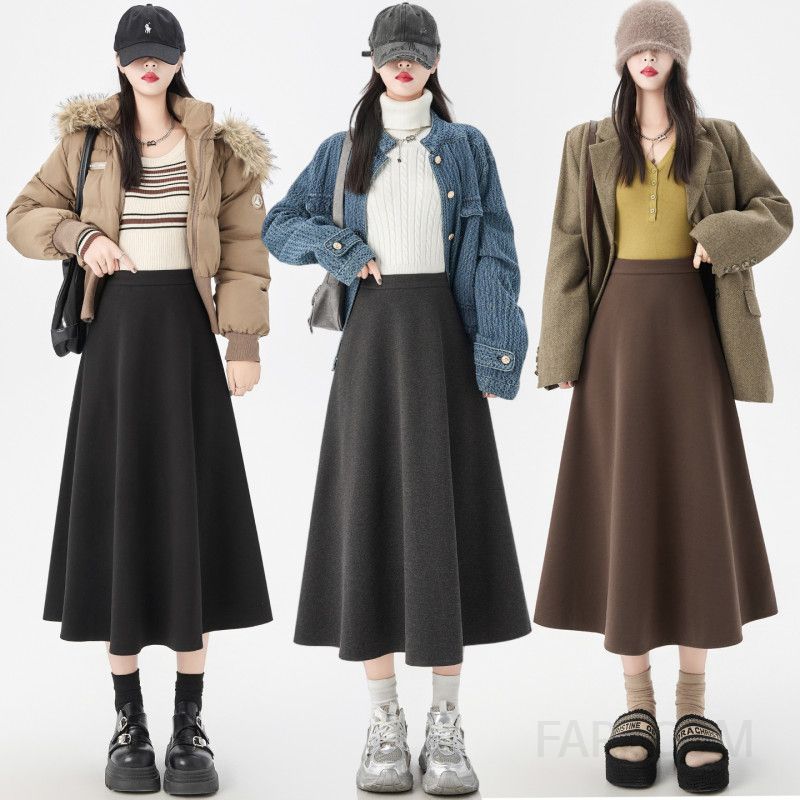 여성 데일리 오피스룩 모직 하이웨스트 A라인 플레어 롱스커트 포멀룩 출근룩 뒷지퍼 하객룩 미디스커트 - 상품 이미지