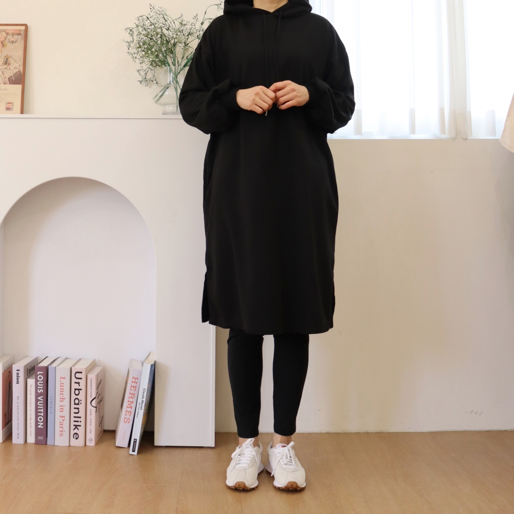 빅사이즈 후드 롱 원피스 쭈리 박시 H라인 오버핏 옆트임 멘투멘 원피스 원마일웨어 봄 가을 - 상세 이미지 2
