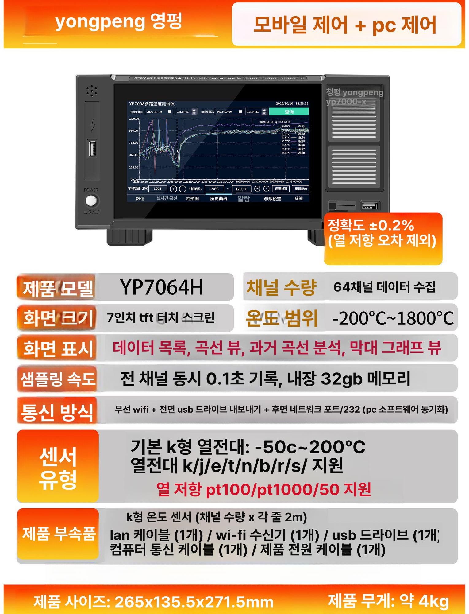 다채널 온도 테스터 기록계 8채널 검사 16채널 산업용 YP7008H PT100 7인치 32G - 상세 이미지 4