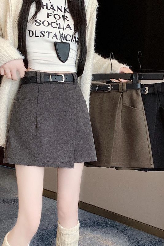 여성 하객룩 오피스룩 도톰한 모직 에이라인 하이웨이스트 언밸런스 비대칭 치마바지 큐롯팬츠 반바지 슬랙스 - 상세 이미지 4