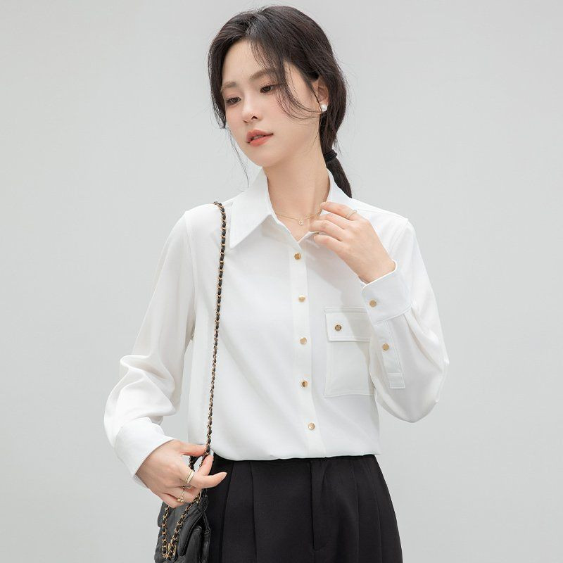 봄 가을 여성 카라 포켓 단추 블라우스 긴팔 셔츠 슬림핏 폴리 데일리 오피스룩 화이트 - 메인 이미지