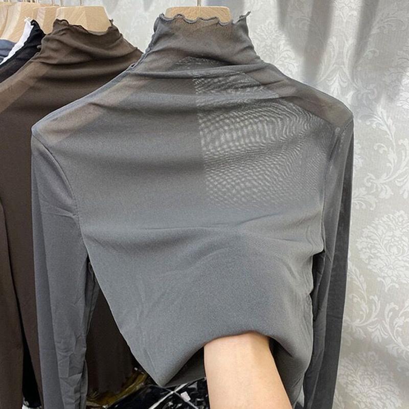 시스루 폴라티 여성 목폴라 망사 레이스 터틀넥 봄 가을 긴팔 이너 티셔츠 그레이 프리사이즈 - 상품 이미지