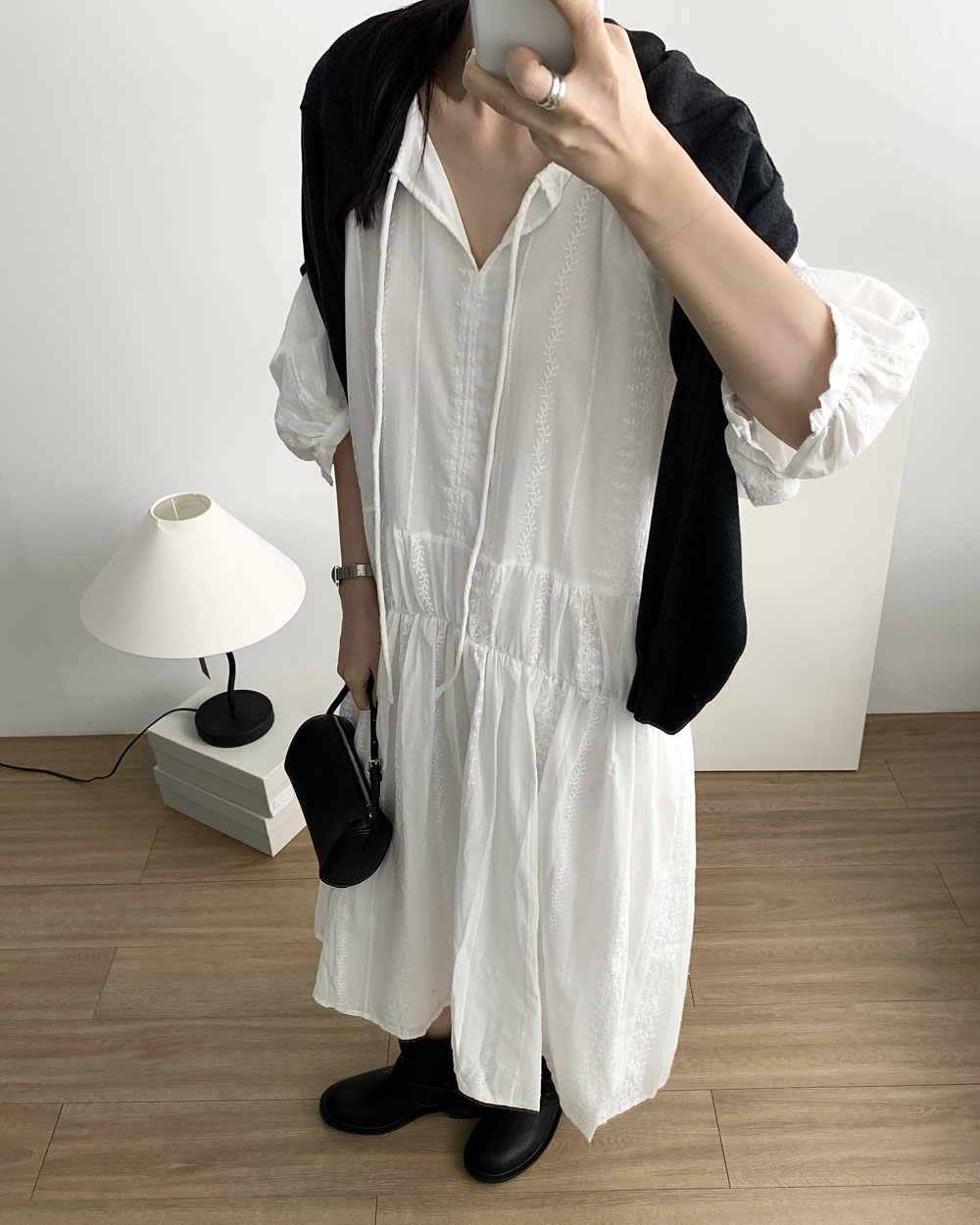 [당일발송] 에스닉 원피스 퍼프 플라워 자수 빅사이즈 임산부 원피스 웨어링무드 (아이보리) 이미지 3