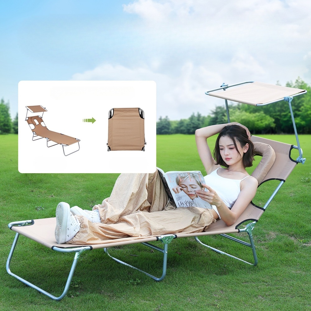 접이식 썬베드 일광욕 야외 캠핑 비치 스틸프레임 등받이조절 차양막 목베개 포함 - 상세 이미지 3