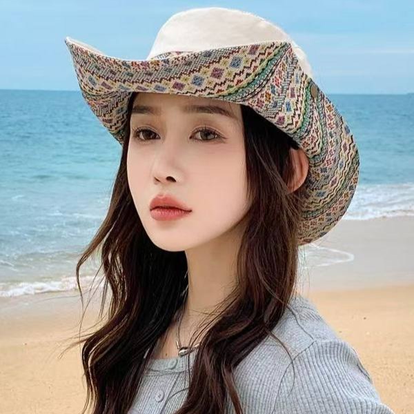 서부 해변 모자 여성 여름 햇빛차단 와이드 플로피 챙넓은 보헤미안 패턴 자수 카우보이 - 상세 이미지 5
