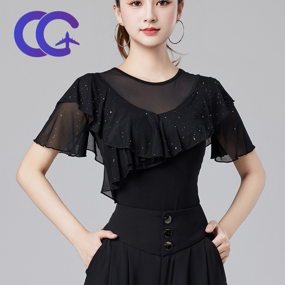 라인댄스복 상의 반팔 줌바 사교 여름 연습복 밸리 블랙 S - 상품 이미지