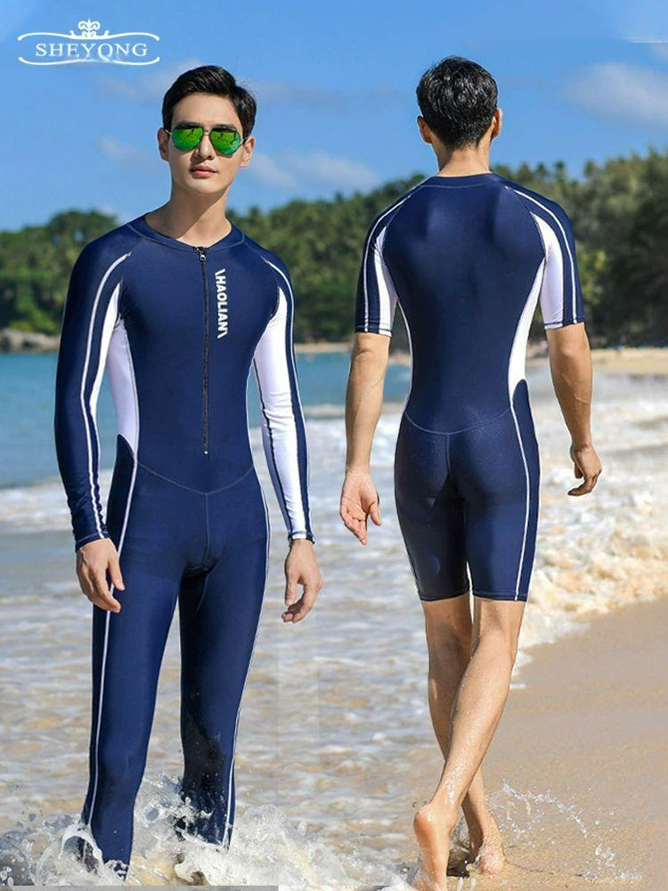 남자 전신수영복 해변 네이비색 긴팔 수영강사 레저 서핑 네이비블루 긴팔 M 150-155cm 30-40kg - 상품 이미지