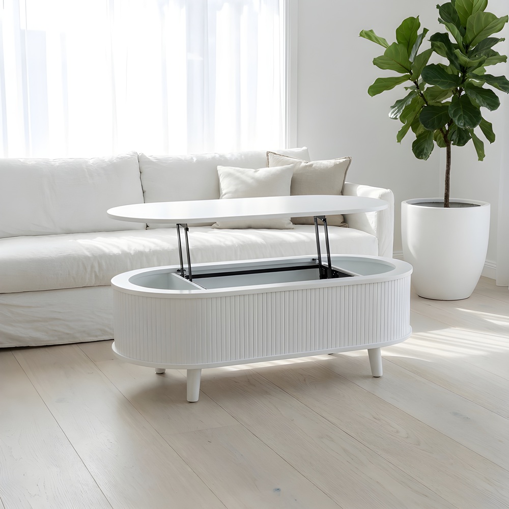 라노스 템바보드 리프트업 소파 거실 테이블 타원형 1200x600mm, 화이트