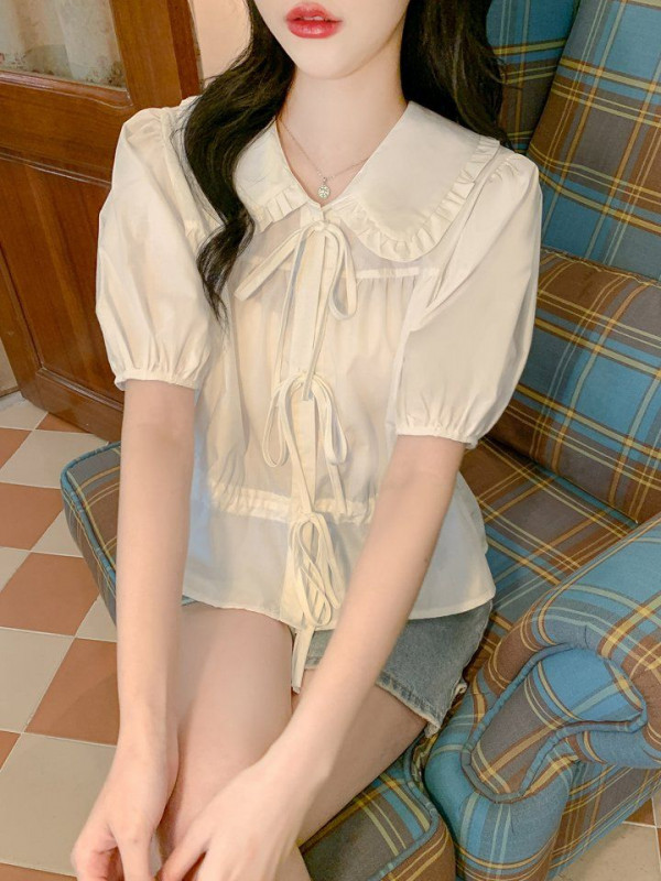 여성 봄 여름 퍼프소매 프릴카라 스트링 반팔 블라우스 데일리 캐주얼 만능코디 화이트 - 상세 이미지 5
