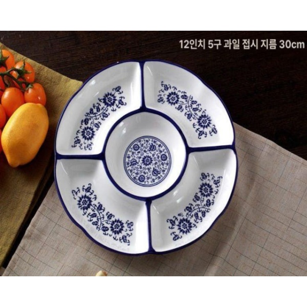 고급스러운 도자기 청화백자 12인치 세라믹 분할 나눔 디저트 반찬용 안주용 접시 10인치 순백 - 상세 이미지 3