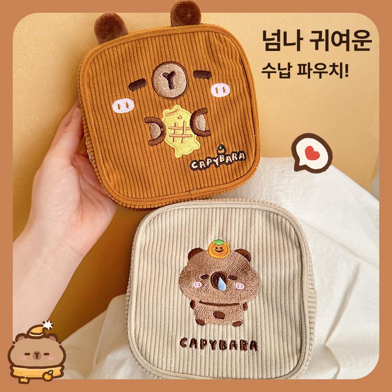 카피바라 자수 생리대 보관 가방 대용량 휴대용 파우치 여성용 소형 수납 코듀로이자수 보관봉투 샴고양이 - 상세 이미지 3