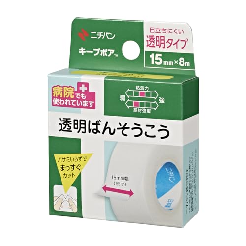 니치반 투명 반창고 키프포어 15mmX8m KP158 투명 플라스틱 손으로 자르기 쉬운 개별 포장