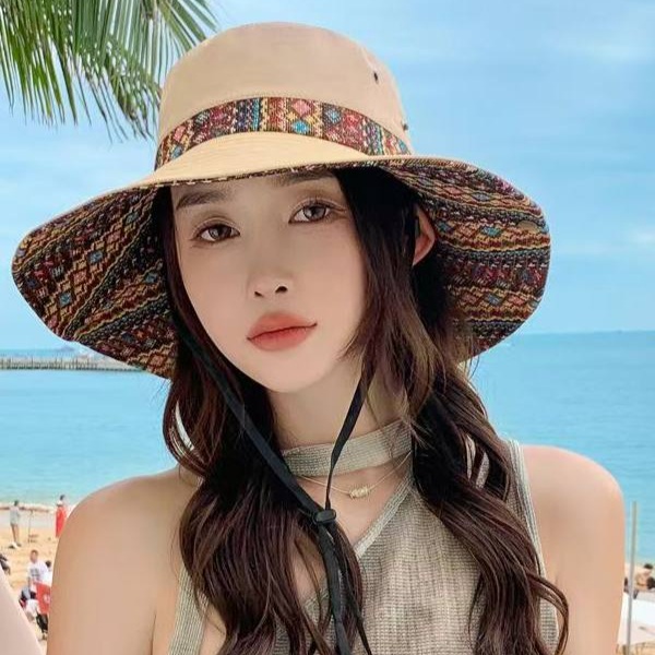 서부 해변 모자 여성 여름 햇빛차단 와이드 플로피 챙넓은 보헤미안 패턴 자수 카우보이 - 상세 이미지 2