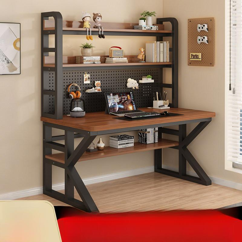 타공판 컴퓨터 원룸 선반 책꽂이 수납 데스크 학생용 블랙 프레임 + 골든오크 160x60x174cm - 상품 이미지