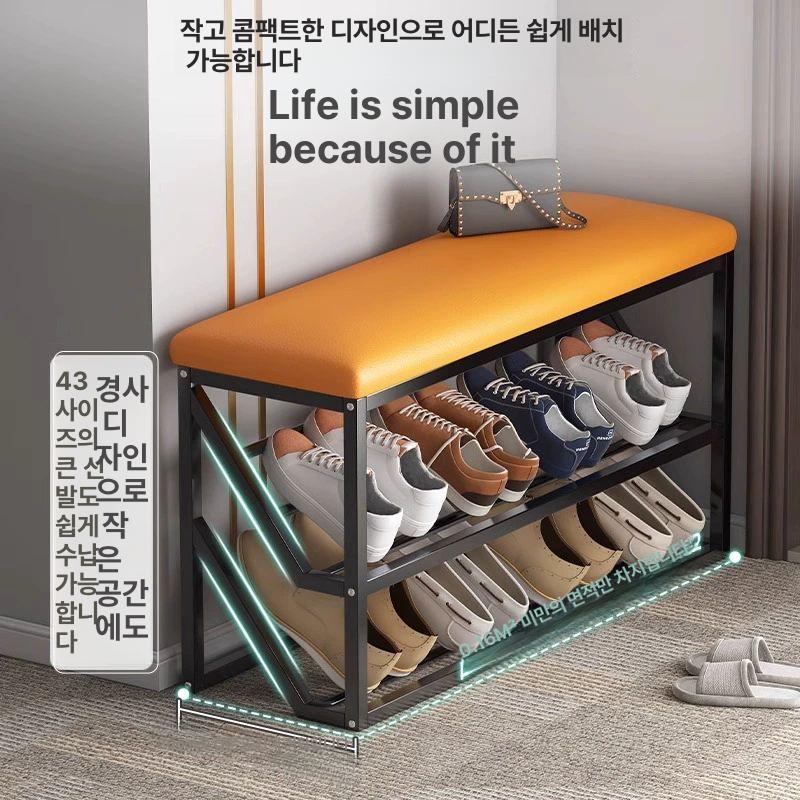 신발장 벤치 틈새 의자 현관 스툴 수납 슬림 선반 미니 브라운 가죽 60cm 블랙프레임 이미지 6