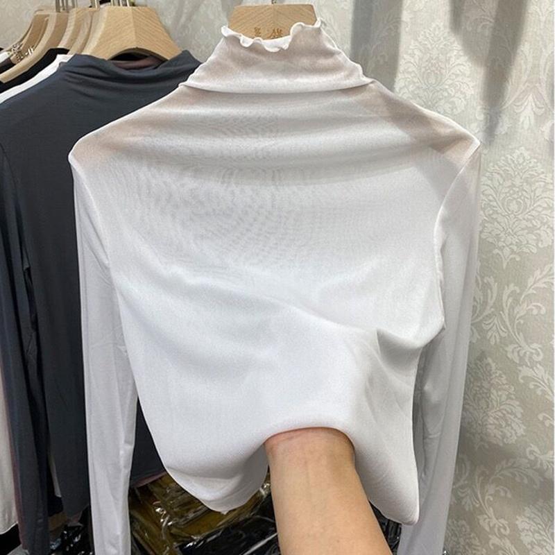 시스루 폴라티 여성 목폴라 망사 레이스 터틀넥 봄 가을 긴팔 이너 티셔츠 그레이 프리사이즈 - 상세 이미지 5