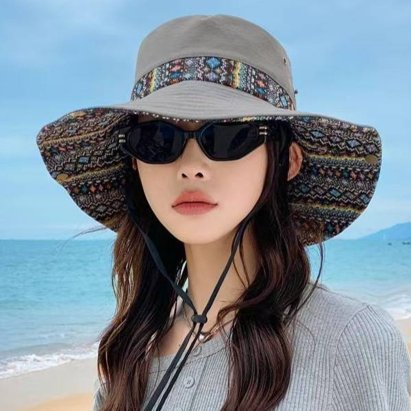 서부 해변 모자 여성 여름 햇빛차단 와이드 플로피 챙넓은 보헤미안 패턴 자수 카우보이 - 상세 이미지 4