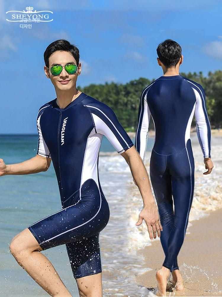 남자 전신수영복 해변 네이비색 긴팔 수영강사 레저 서핑 네이비블루 긴팔 M 150-155cm 30-40kg - 상세 이미지 4