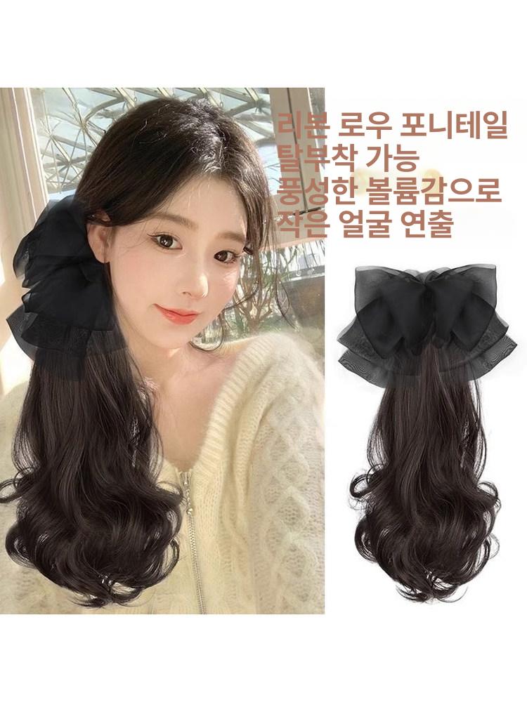 리본 핀 가발 포니테일 웨이브 집게 부분 내추럴블랙 블랙 보우 - 상세 이미지 2