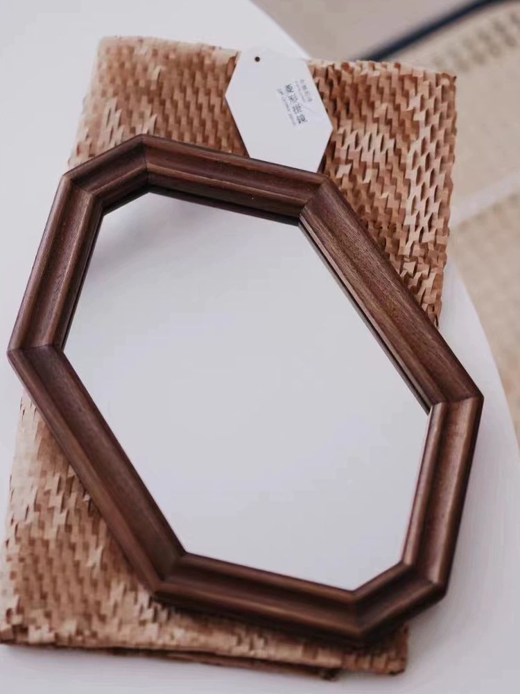팔각 원목 거울 우드 선물 레트로 앤틱 고급스러운 블랙월넛 우드 28x18cm - 상세 이미지 3