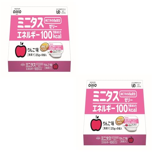 닛신 오일리오 미니타스 에너지 젤리 225g (25gX18개) 간병식 디저트 고칼로리 젤리 영양 보충 혀로 으깰 수 있는 고칼로리 영양 보조 식품 MCT 오일 (2개 세트, 사과)