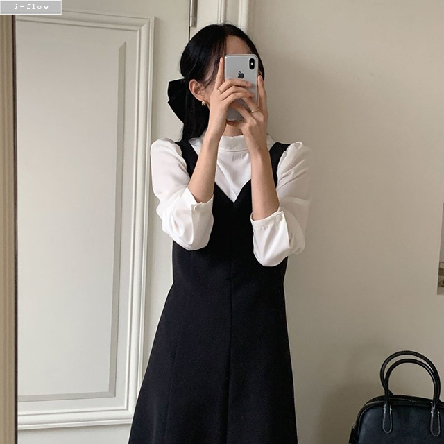 벨티 브이넥 허리끈 뷔스티에 원피스 2col 봄 가을 민소매 레이어드 플리츠 롱 제이플로우 이미지 6