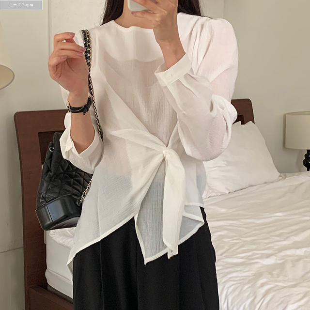 머치 사선 랩 언발 링클 블라우스 2col 봄 여름 꼬임 매듭 유니크 시스루 제이플로우 이미지 6