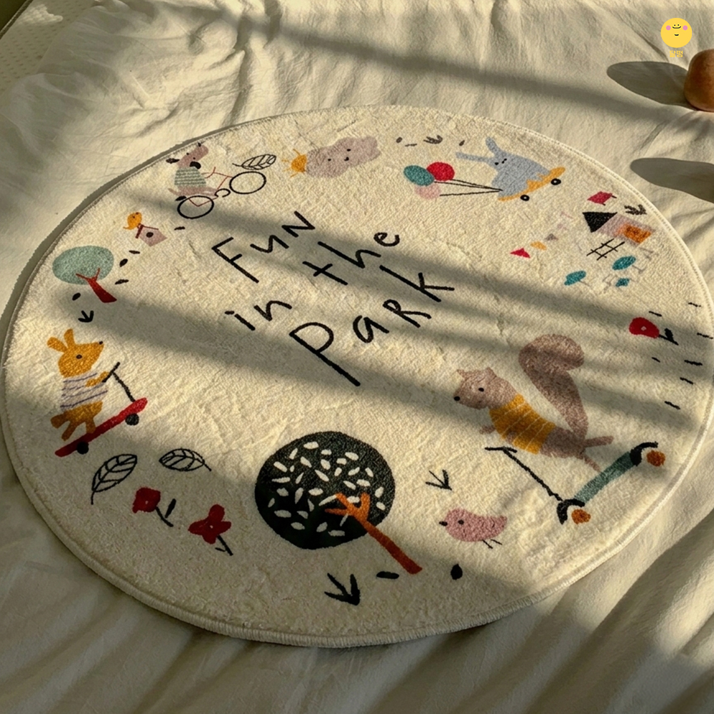 달떵 귀여운 플레이파크 원형 러그 침대 아기방 거실 카페트 매트 사계절 화이트, 60x60cm