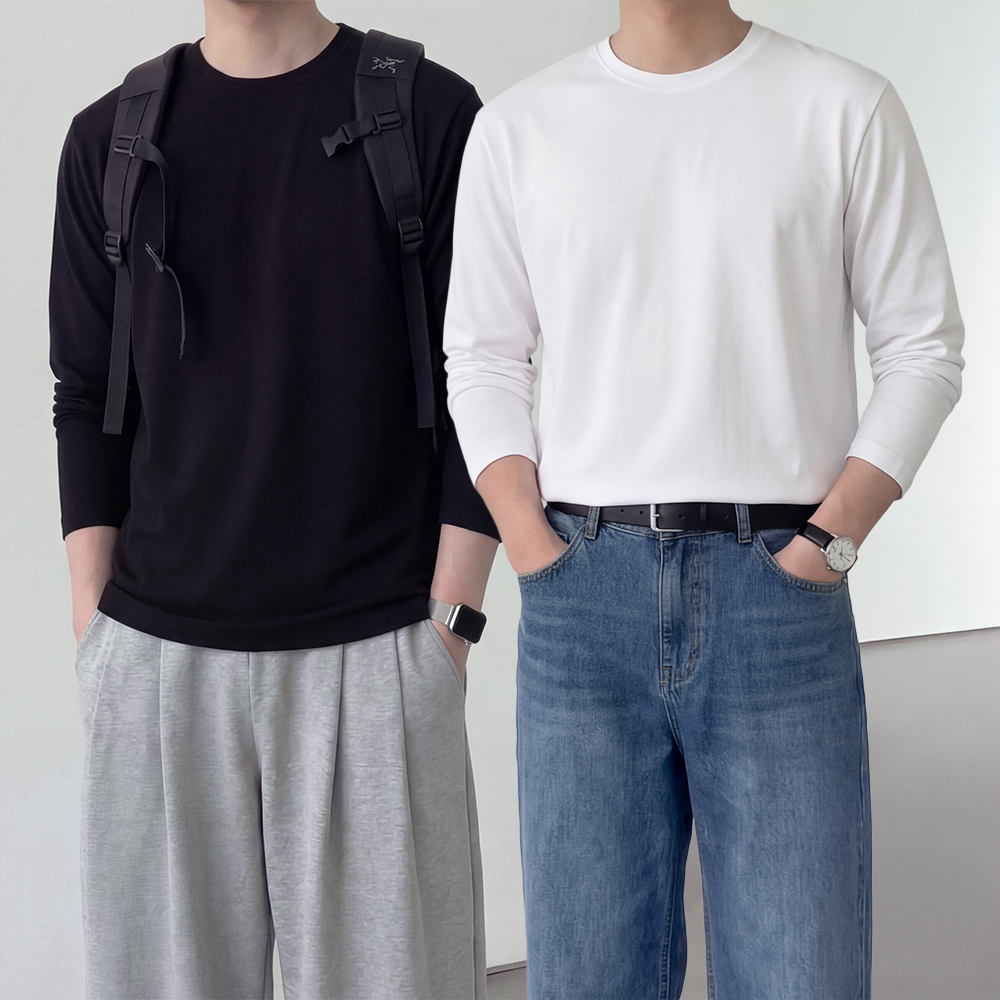 1+1 무지티 긴팔무지티 남자레이어드티 흰색면티