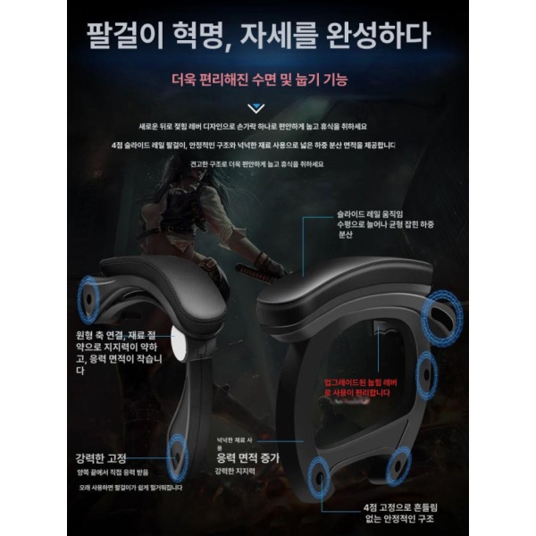 프리미엄 목받침 블루투스 발받침 포함 요추보호 회전식 L자형 낮춤 팔걸이 메쉬 게이밍 사무용 PC방 나일론 받침대 조절식 1단계 풀라텍스 블랙화이트 회전식 L자형 낮춤 팔걸이 - 상세 이미지 3