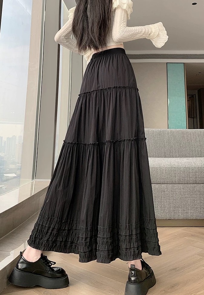 프릴 3단 캉캉 롱스커트 폴리에스테르 바스락원단 체형커버 여리핏 시원한 롱스커트 이미지 8