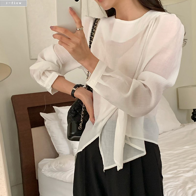 머치 사선 랩 언발 링클 블라우스 2col 봄 여름 꼬임 매듭 유니크 시스루 제이플로우 이미지 8