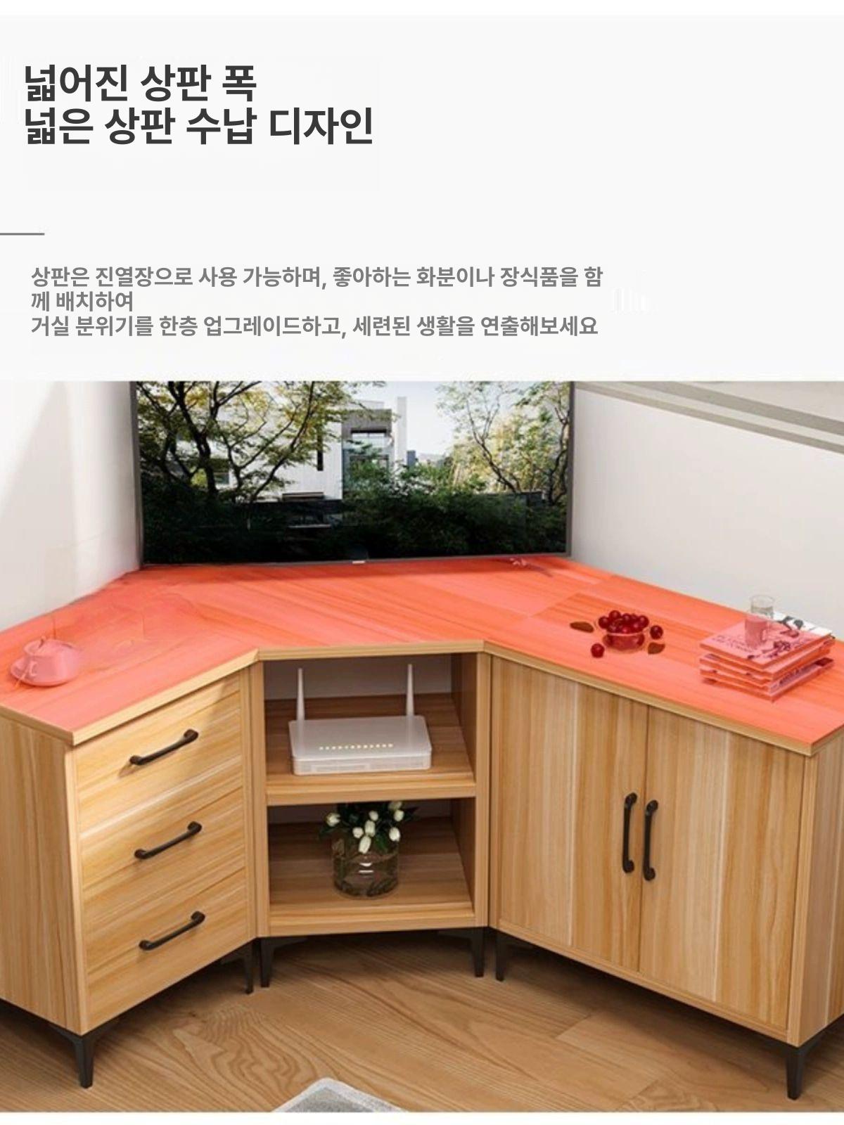 코너수납장 티비 다이 화이트 침실 삼각 따뜻한 선반 라이트월넛 [70 높이] 100x120 조립형 - 상세 이미지 3