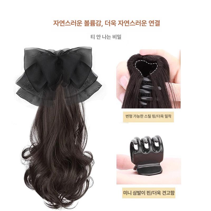 리본 핀 가발 집게 롱 웨이브 포니테일 블랙 쉬어 포니테일 - 내추럴 블랙 - 상세 이미지 3
