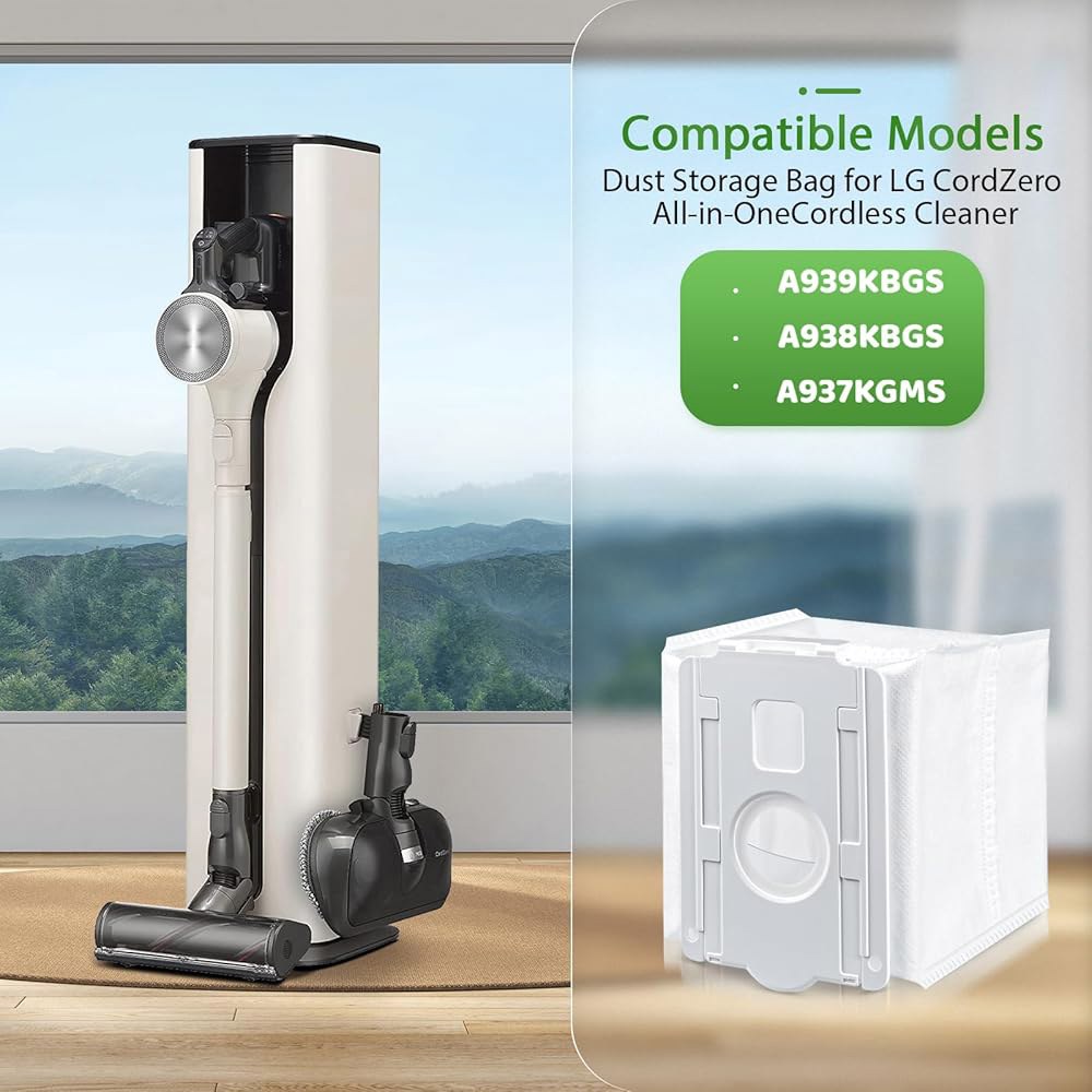 LG 코드제로 올인원 무선 청소기 A939KBGS, A938KBGS, A937KGMS 및 A949KTMS용 진공 먼지 봉투 8팩, 타워와 호환되는 처리 교체 - 상세 이미지 2