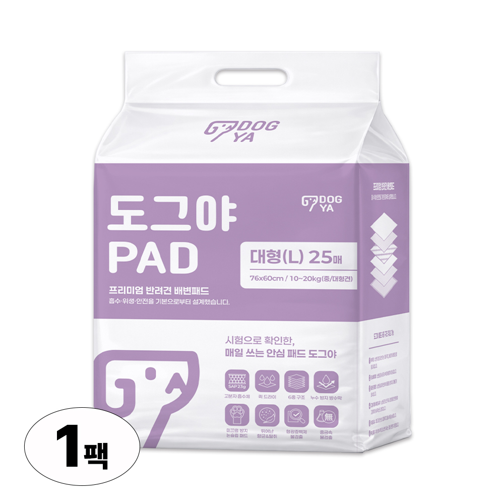 도그야 프리미엄 강아지 배변패드 고흡수 탈취 논슬립 애견용 반려견 대형, 25매입, 1개 - 상품 이미지