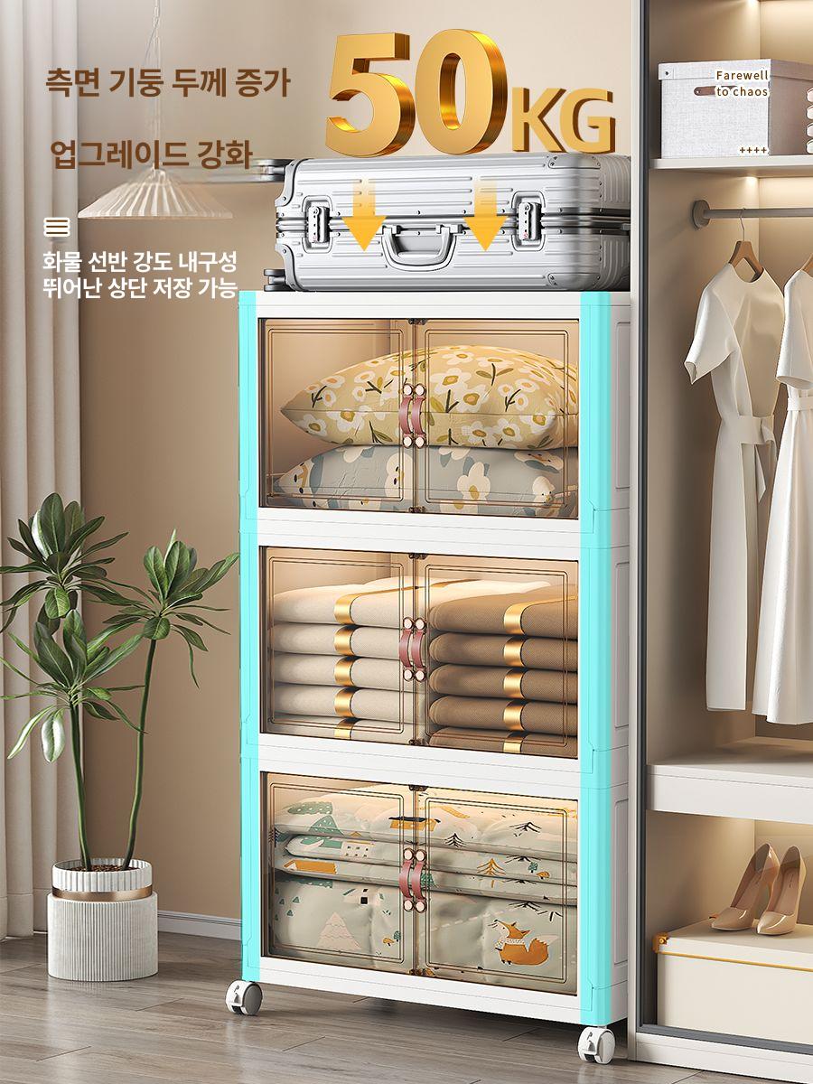 이동식 리빙 수납장 두꺼운 폴딩박스 넓이 양문 45cm [투명 패널 - 수납장] 3단 1뚜껑 3박스 초대형 [70x45.5x37cm] - 상세 이미지 5