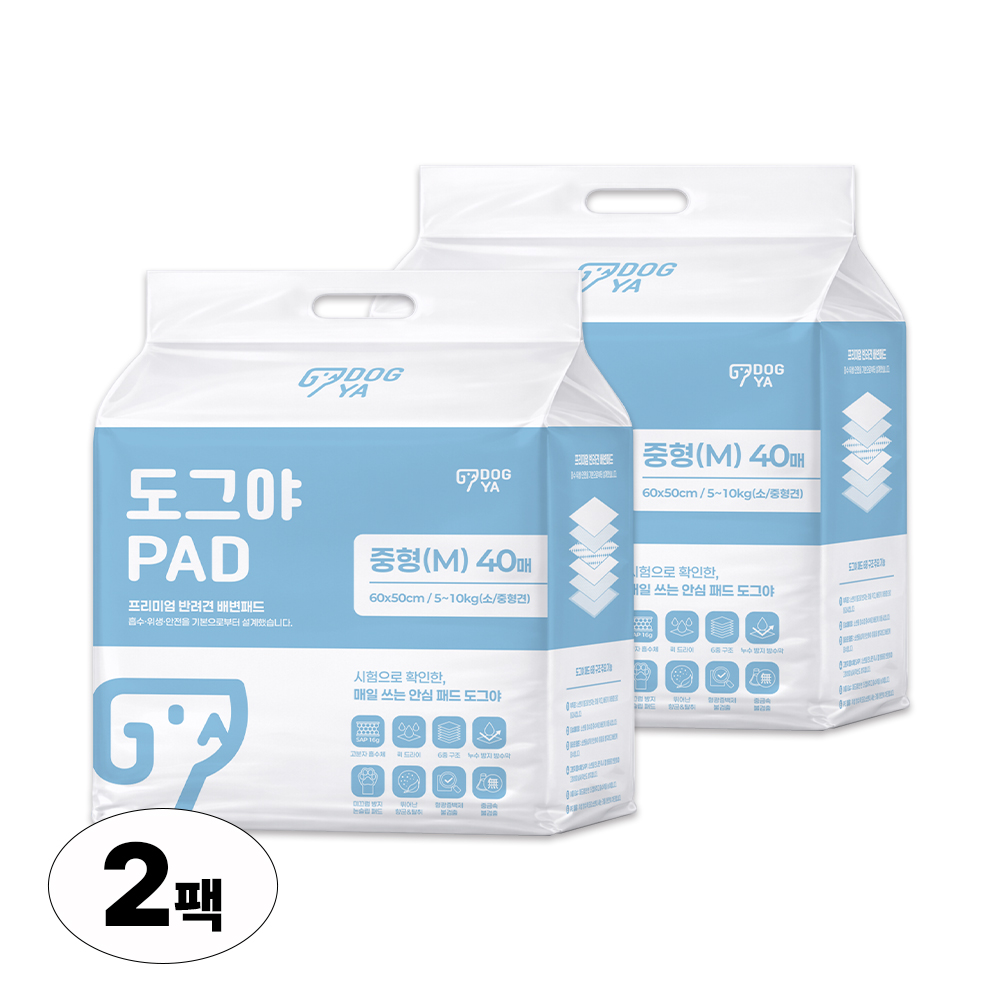 도그야 프리미엄 강아지 배변패드 고흡수 탈취 논슬립 애견용 반려견 중형, 40매입, 2개 - 상품 이미지