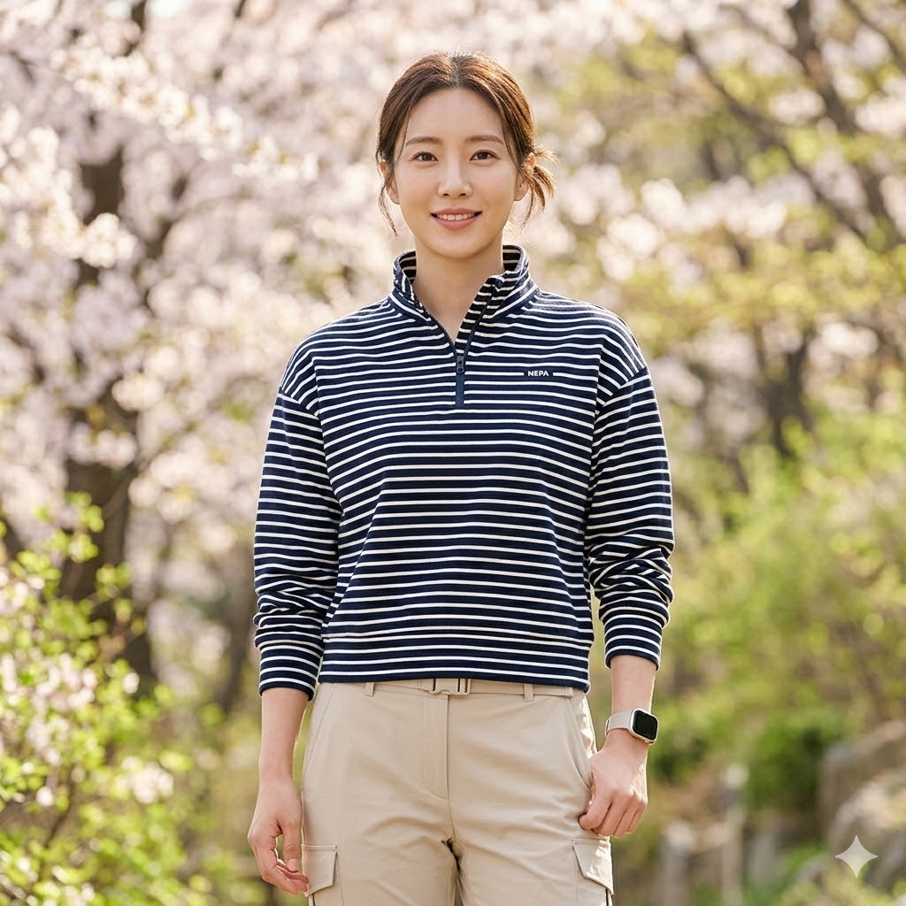 네파 여성 봄 아웃도어 라이프스타일 스트라이프 레귤러핏 등산 티셔츠 - 상품 이미지