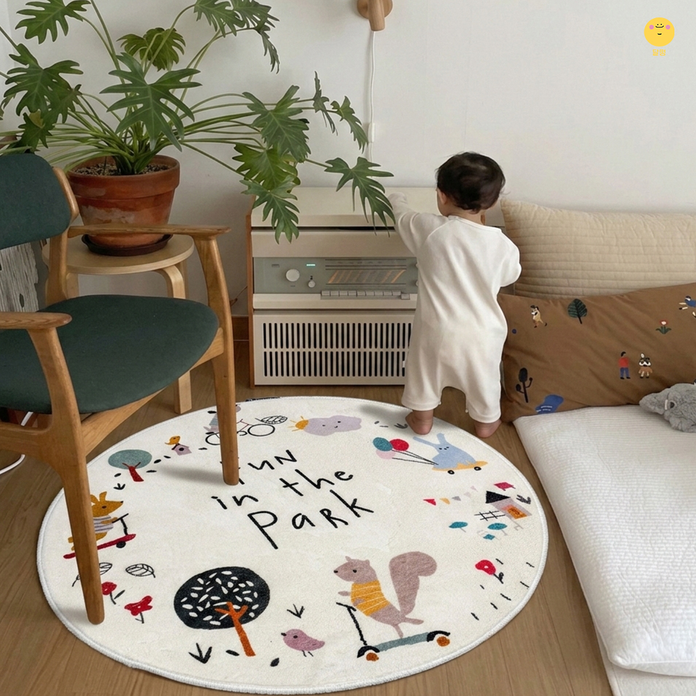 달떵 귀여운 플레이파크 원형 러그 침대 아기방 거실 카페트 매트 사계절 화이트, 60x60cm